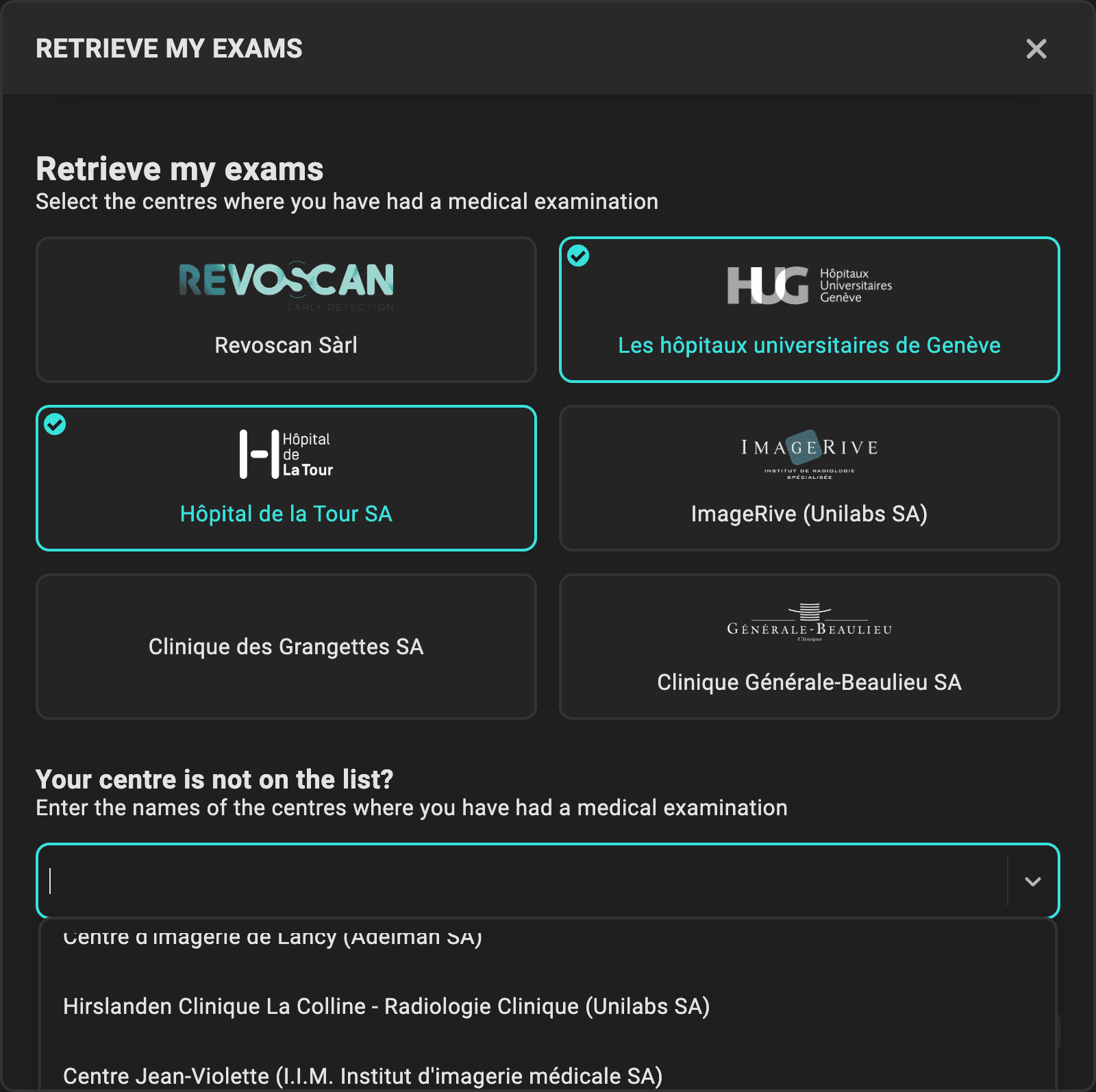 Selection of an imaging centre to authorise automatic retrieval of examinations via proxy.