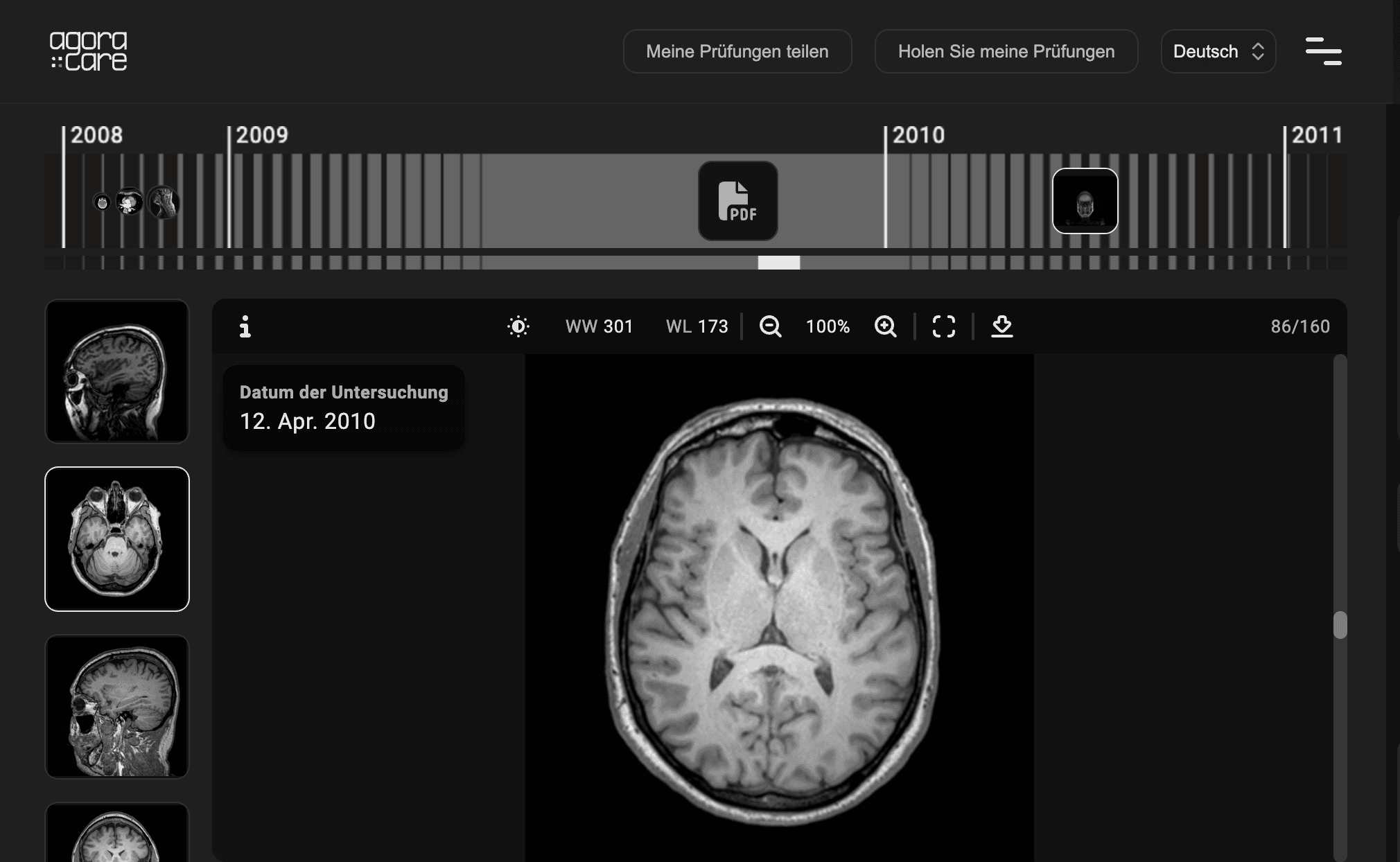 Chronologische Ansicht der medizinischen Untersuchungen, die im sicheren Agora Care-Bereich zentralisiert sind.
