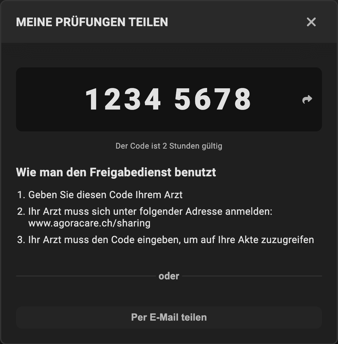 Sicherer Austausch von medizinischen Untersuchungen via Code oder E-Mail über Agora Care.
