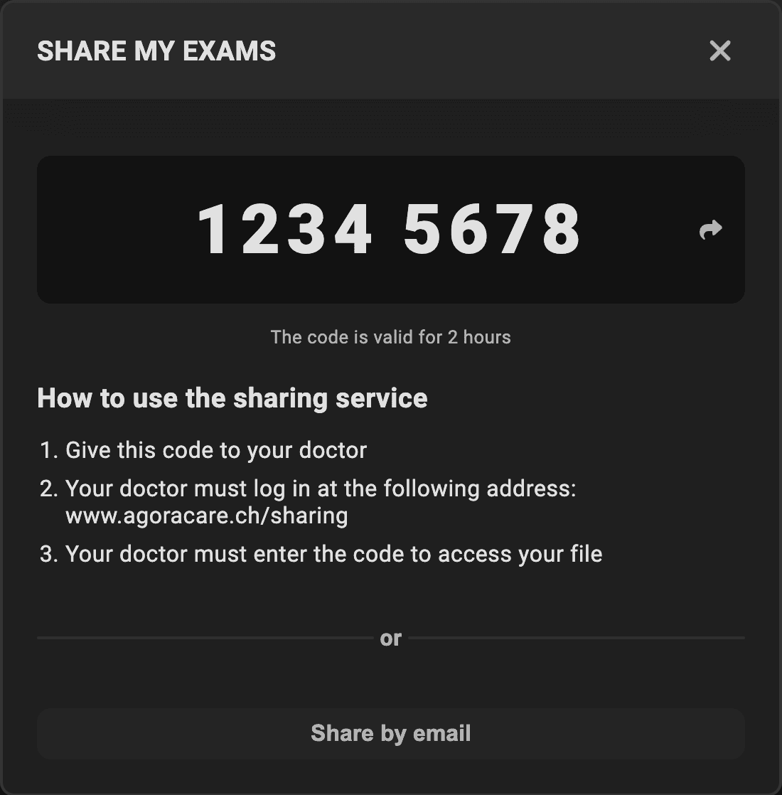 Secure sharing of medical examinations via code or email through Agora Care.