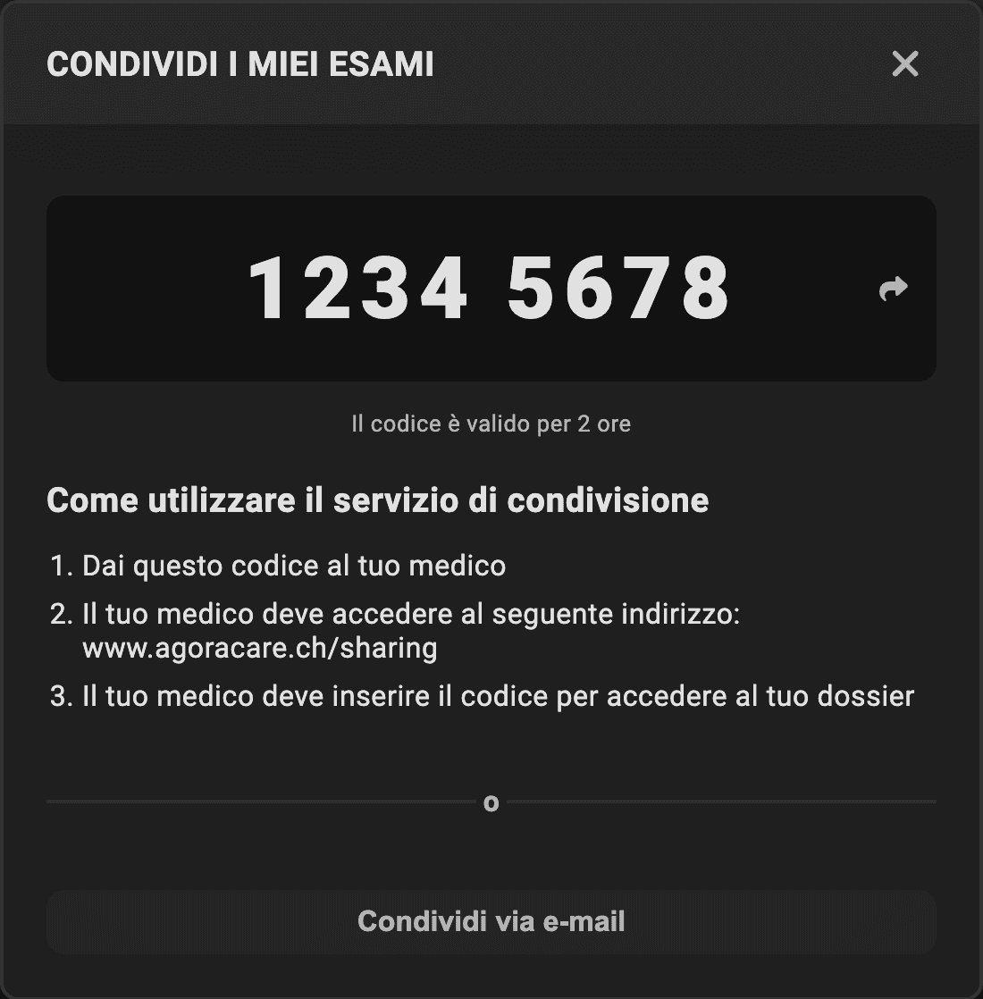 Condivisione sicura degli esami medici tramite codice o email tramite Agora Care.